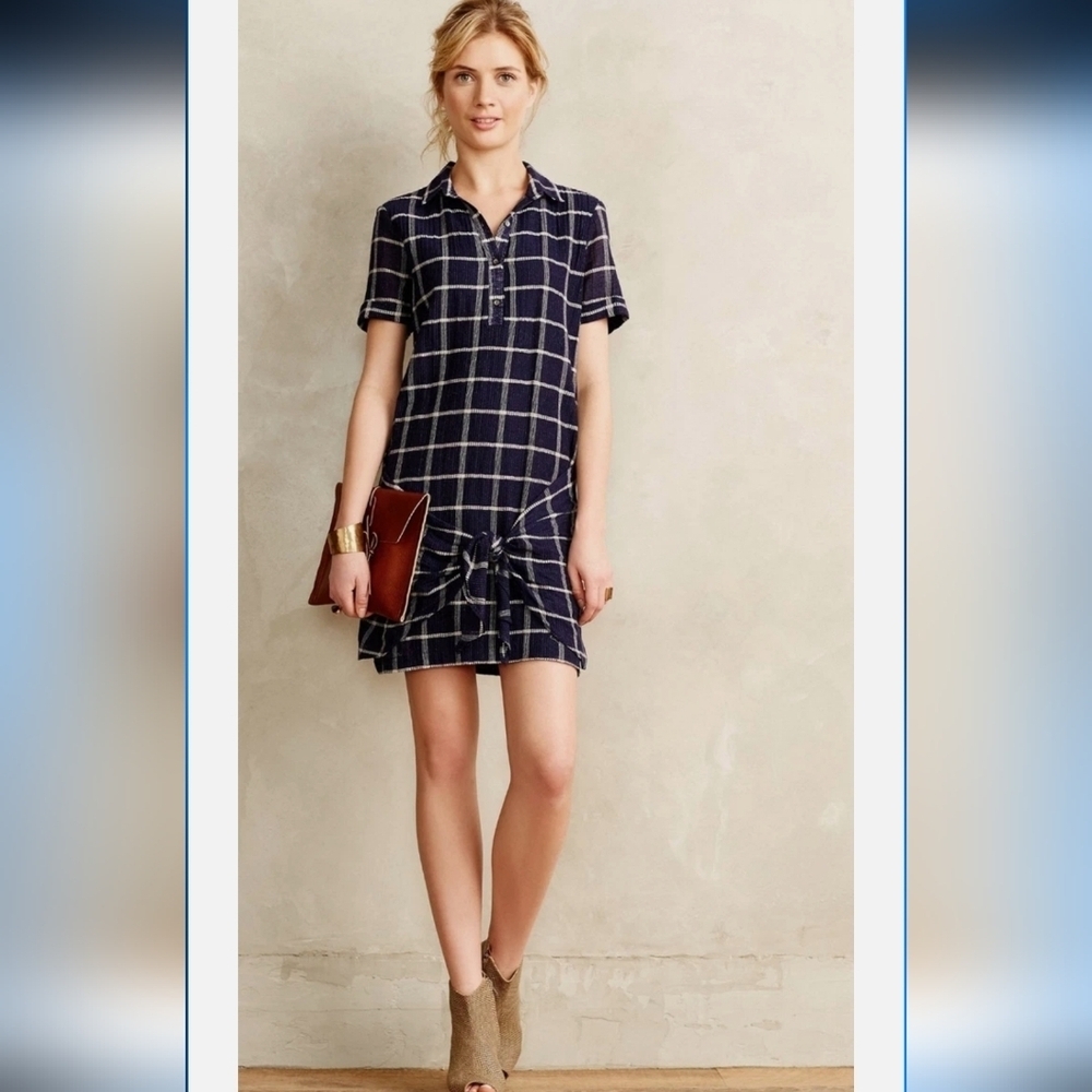Dolan Anthropologie Breton Gauze Dress Navy Blue Plaid Tie Front Shirt Dress